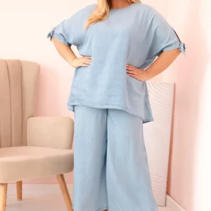 Komplet damski Plus Size z tencelu bluzka z wiązaniem i szerokie spodnie jasny jeansowy